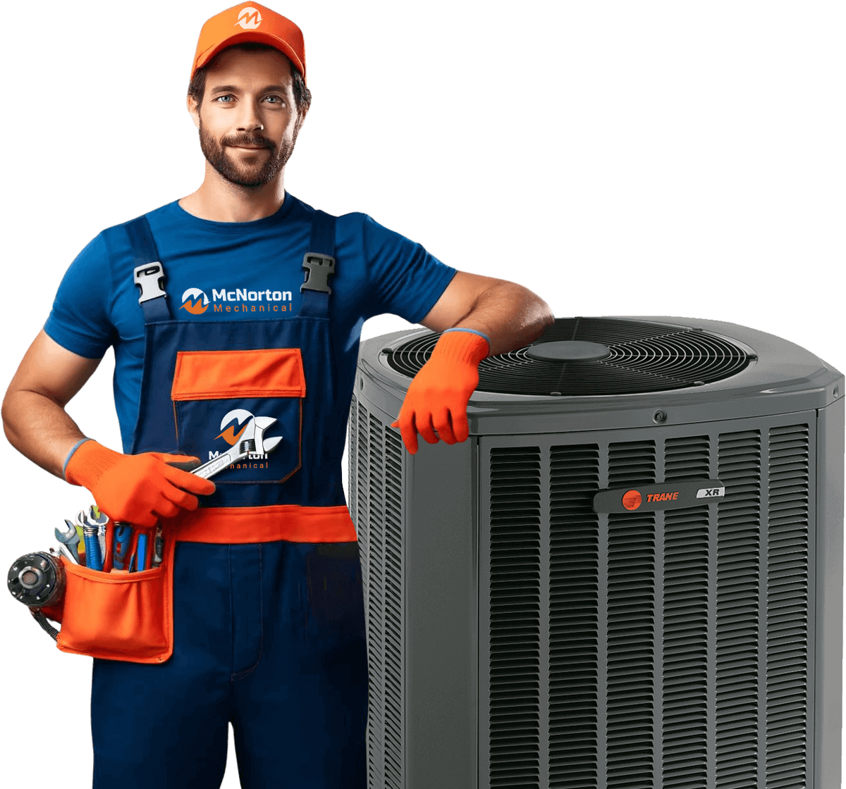 Air Conditioning Repair Man in blue and orange uniform.