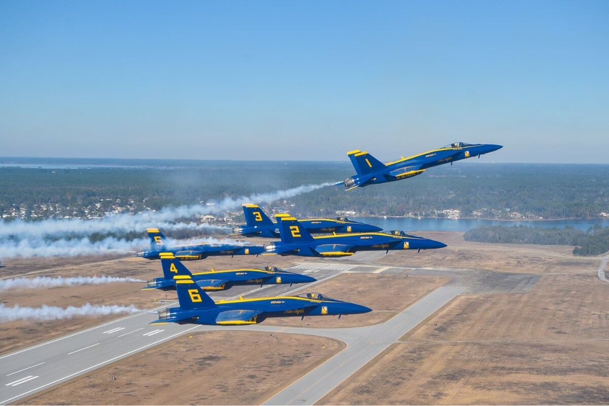 Blue Angel Boeing F/A-18 Super Hornets Conducting Pitchup Break