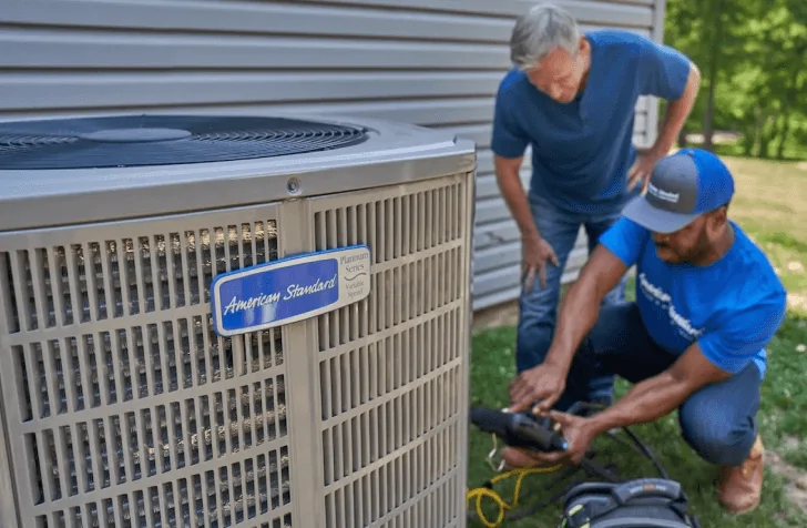 A McNorton HVAC technician in uniform shows a homeowner the repair work needed on their American Standard Platinum Series air conditioner.