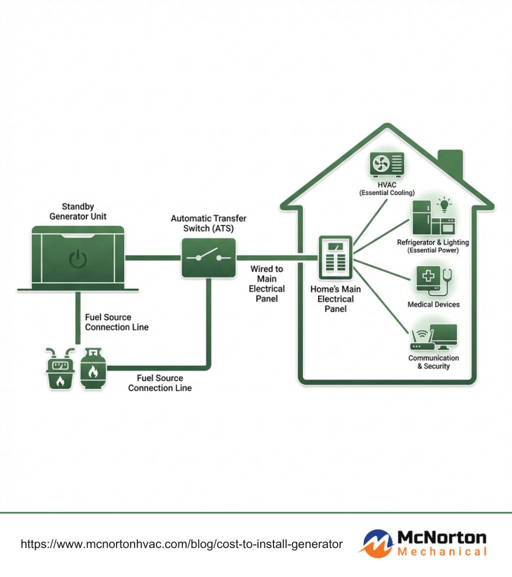 user-inserted Diagram of a standby home generator connected through an automatic transfer switch to a home’s main electrical panel, powering essential systems like HVAC, refrigerator, lighting, medical devices, and security.