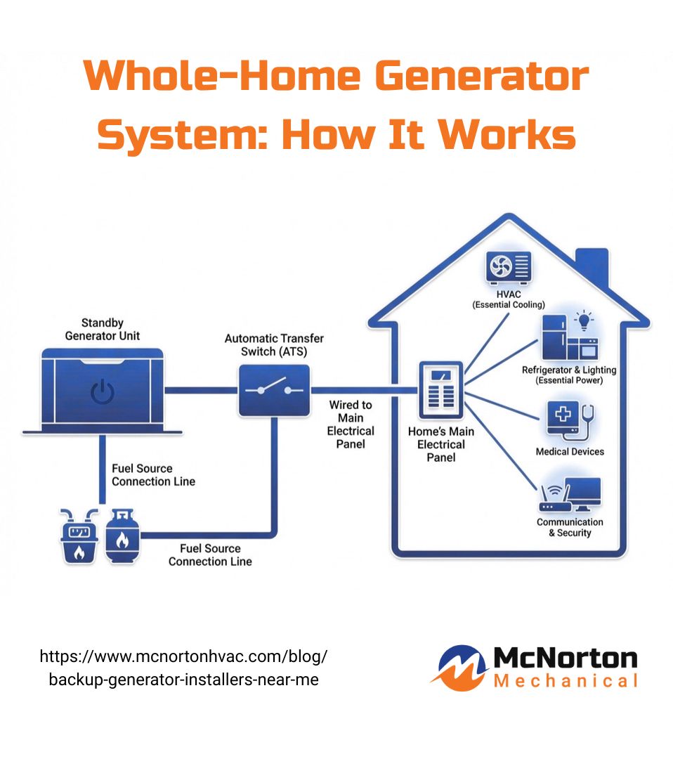 user-inserted Infographic explaining how a whole-home standby generator connects to fuel, transfer switch, and main electrical panel to power essential systems.