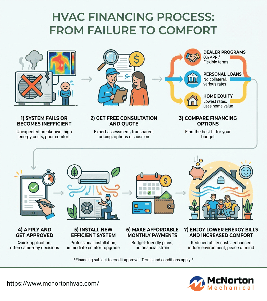 Visual representation of HVAC financing steps, showing the journey from discomfort to a comfortable living environment.