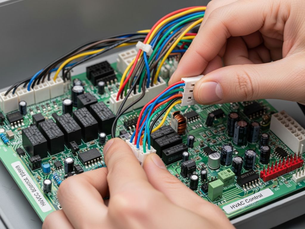 hands carefully unplugging wire harnesses from a control board - Air handler control board