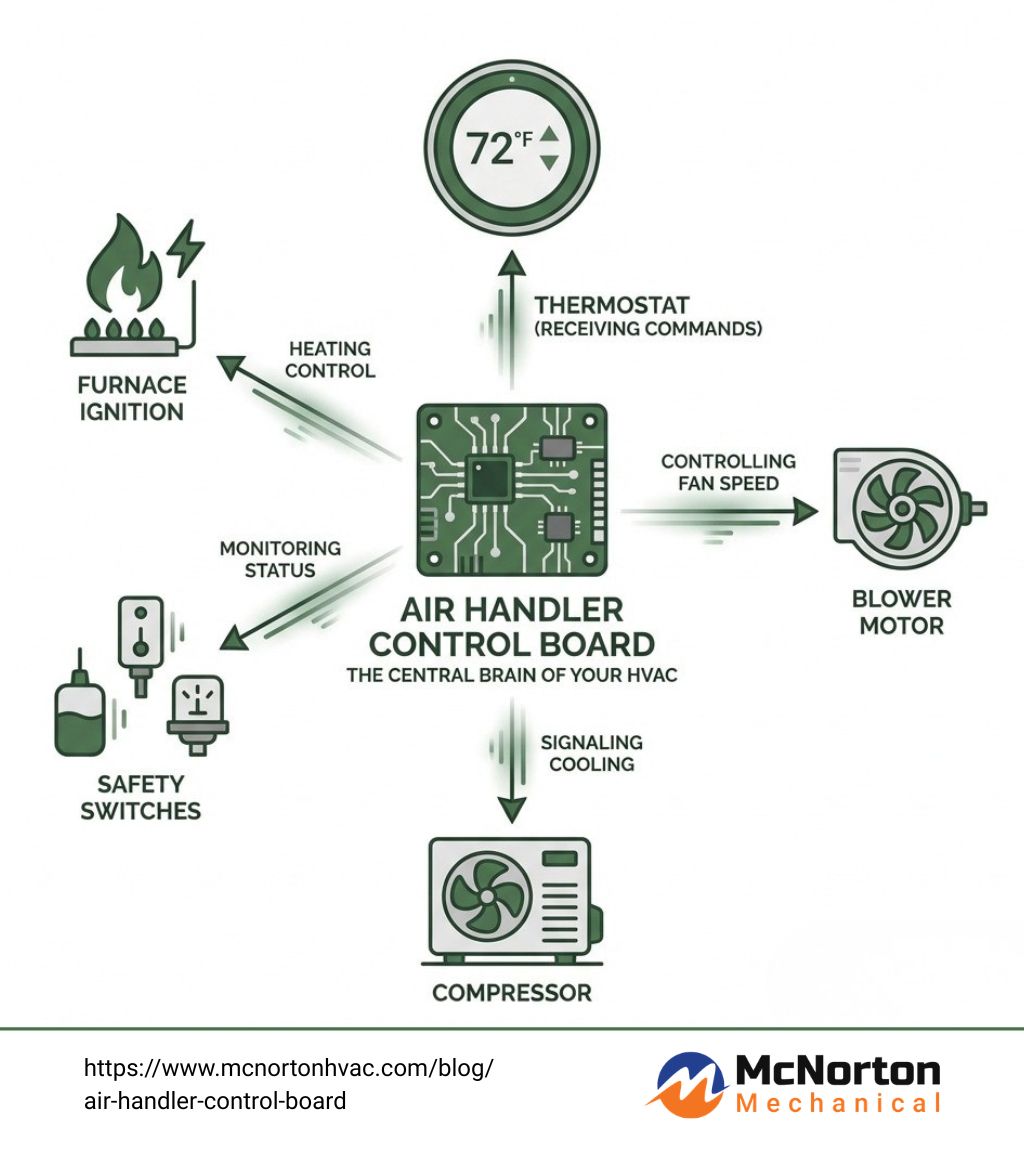 Infographic showing the air handler control board's central role in an HVAC system, with arrows connecting it to the thermostat (receiving commands), blower motor (controlling fan speed), compressor (signaling cooling), safety switches (monitoring status), and furnace ignition (heating control), illustrating how voltage signals flow from the control board to coordinate all system operations - Air handler control board infographic 