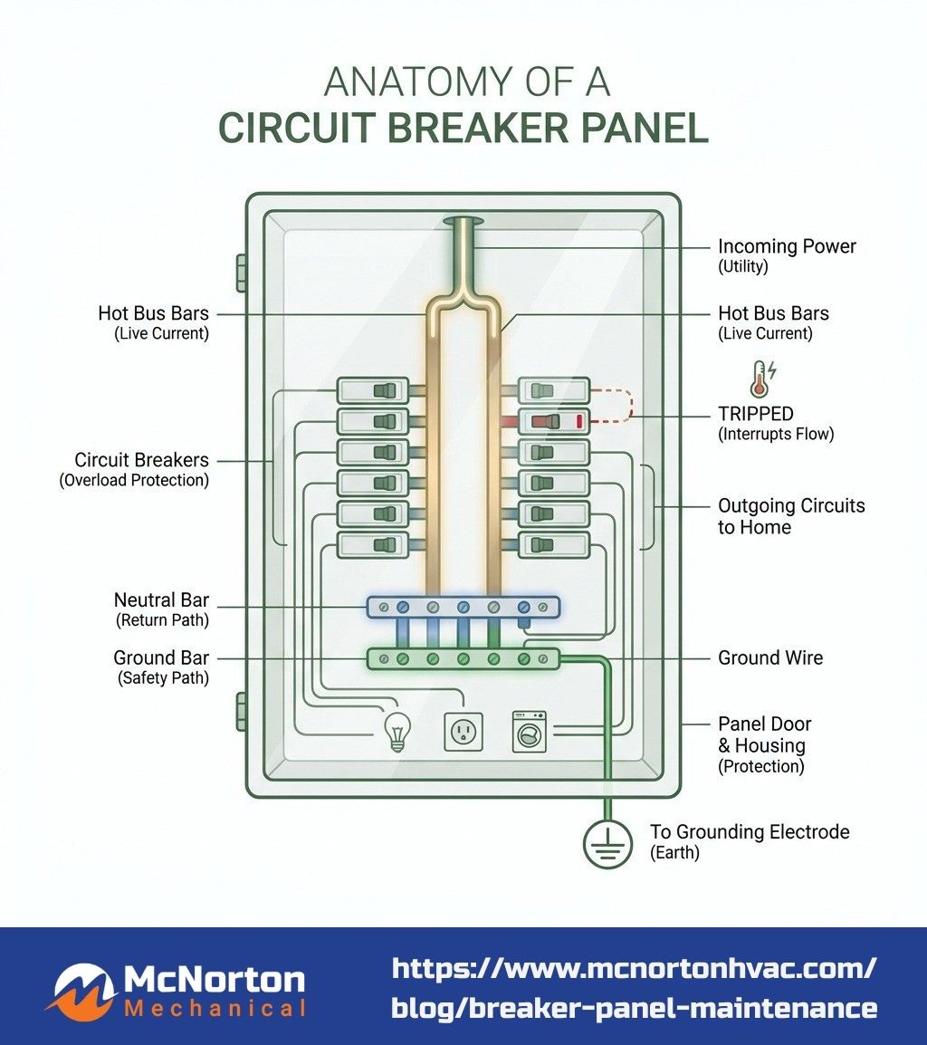 user-inserted Infographic explaining the anatomy of a circuit breaker panel - breaker panel maintenance infographic