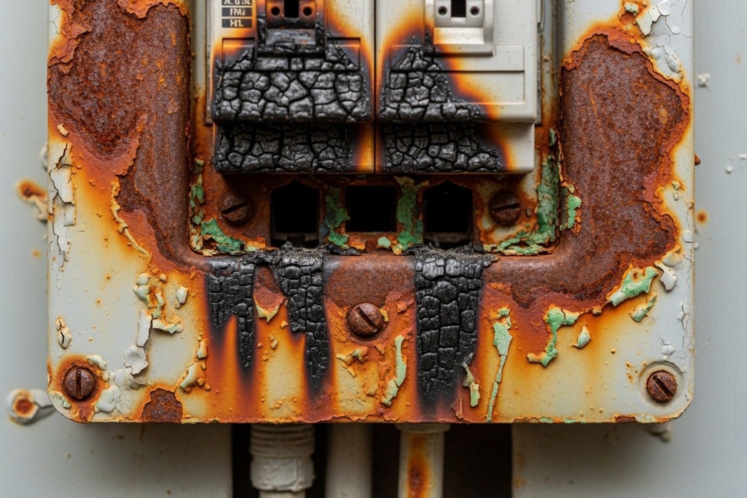 user-inserted A rusted or corroded electrical panel with visible burn marks - breaker panel maintenance