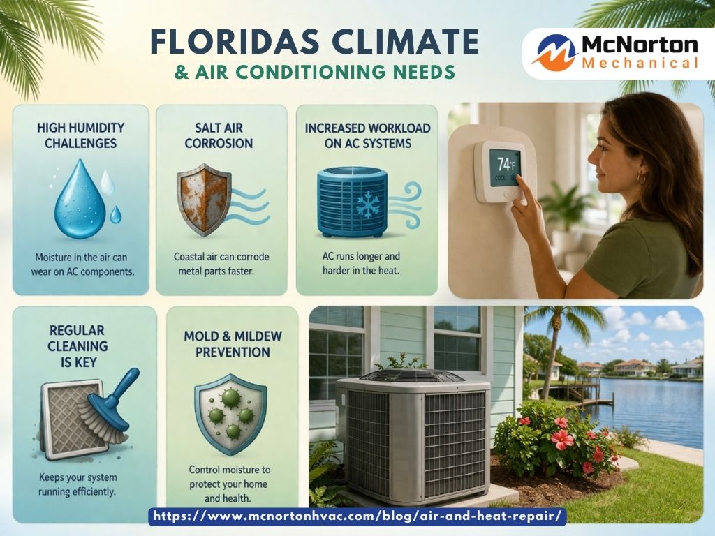 user-inserted Infographic showing how Florida's climate impacts air and heat repair needs. It covers high humidity challenges, salt air corrosion, increased workload on AC systems, the importance of regular cleaning, and mold and mildew prevention. The image includes a woman adjusting a thermostat, outdoor air conditioning units near the coast, and McNorton Mechanical's logo with a link to their air and heat repair blog