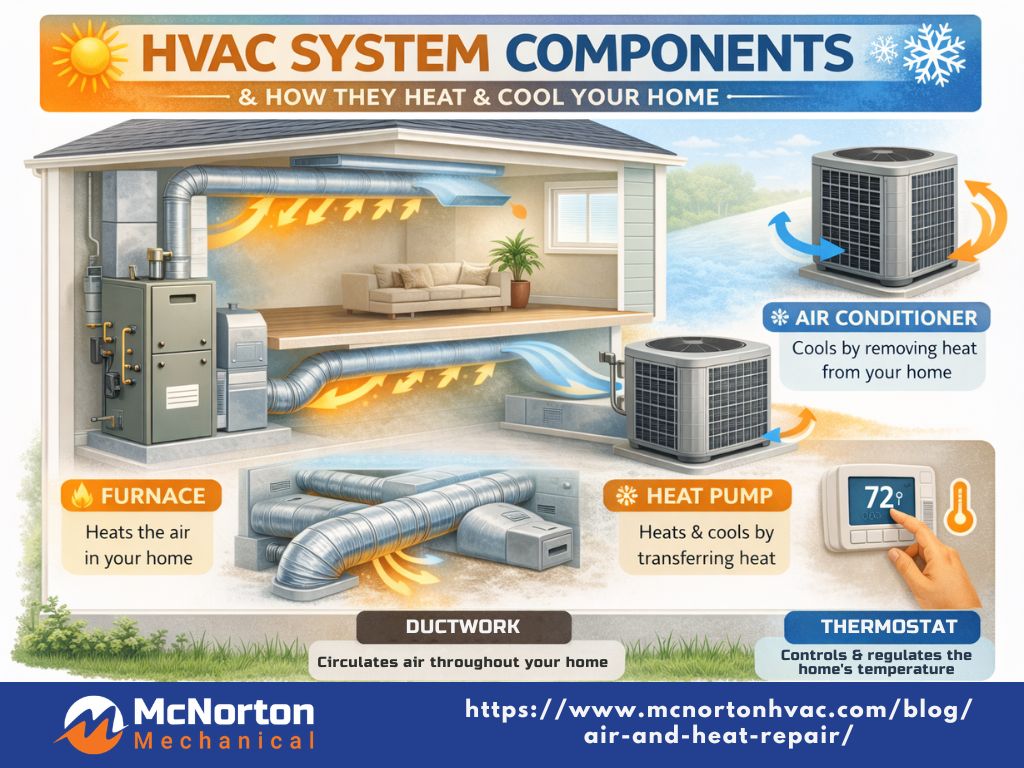user-inserted infographic showing HVAC system components including furnace, air conditioner, heat pump, ductwork, and thermostat with labels explaining each part's function in heating and cooling your home - air and heat repair infographic