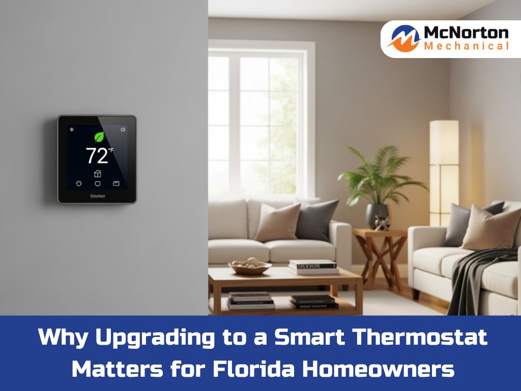 Smart thermostat installed in a living room, showcasing a modern home environment with McNorton Mechanical logo.
