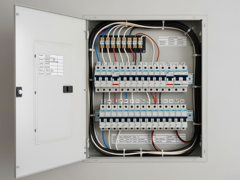 user-inserted An open electrical panel showing circuit breakers and wiring.